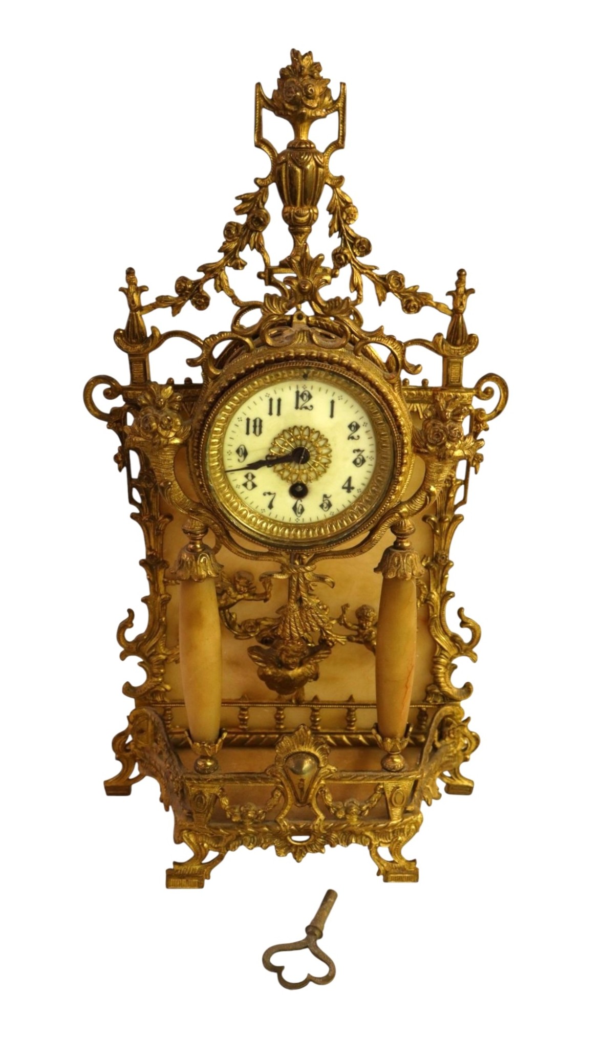 Antique French Gilt Bronze Alabaster Mantel Clock