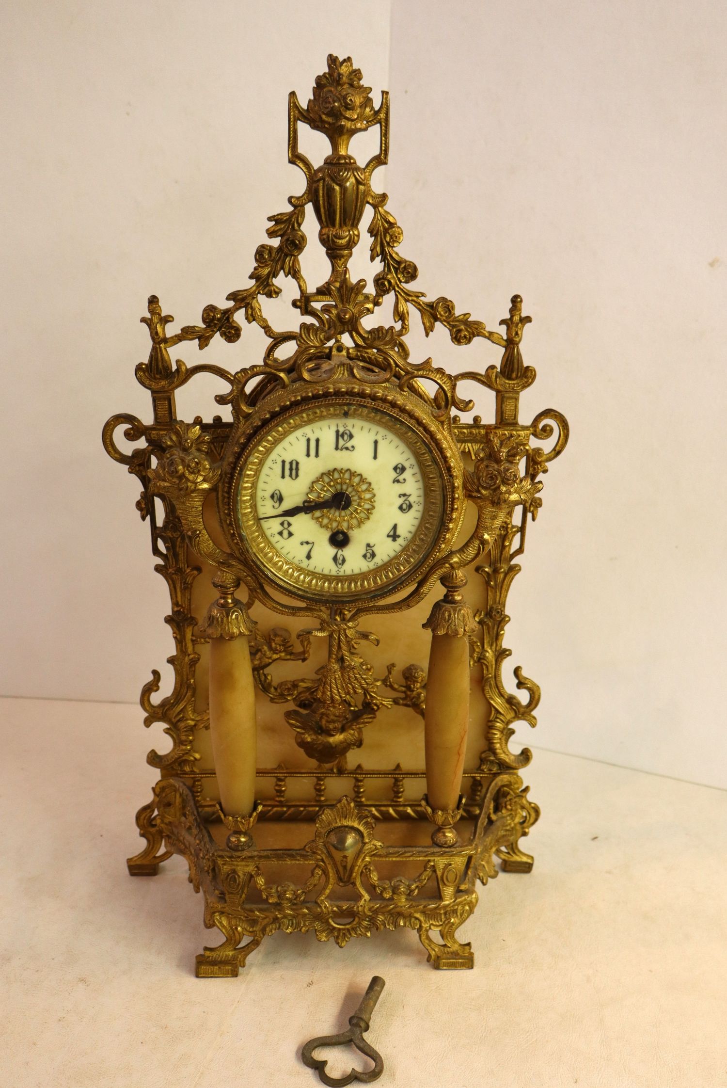 Antique French Gilt Bronze Alabaster Mantel Clock