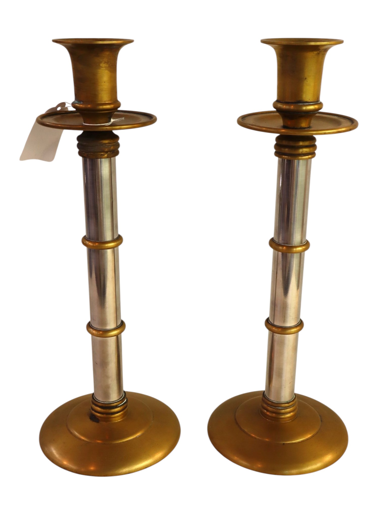 Pair Maitland Smith brass/ steel 16" candle sticks