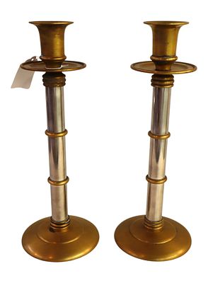 Pair Maitland Smith brass/ steel 16" candle sticks. Pair of Maitland Smith brass and polished 