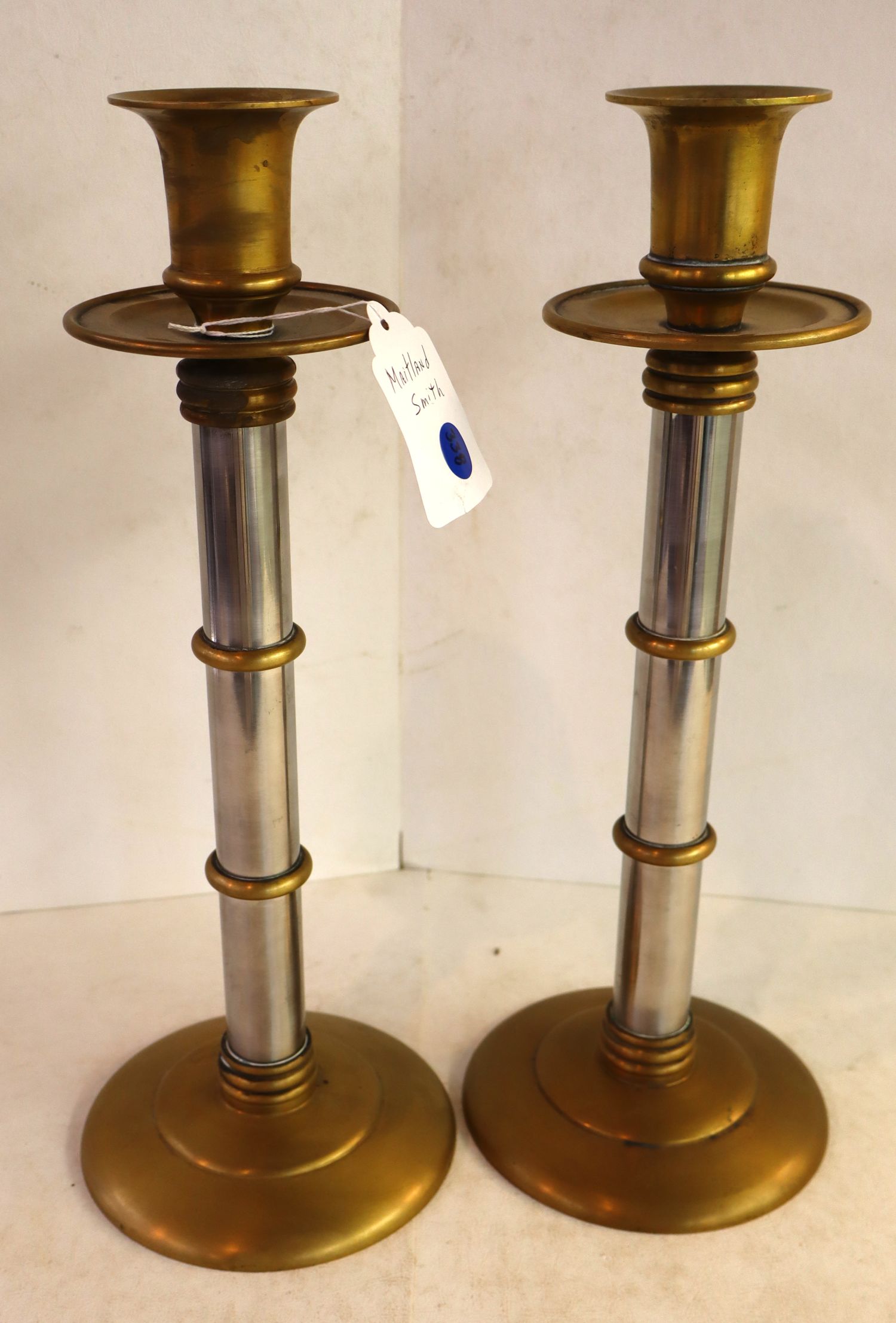 Pair Maitland Smith brass/ steel 16" candle sticks