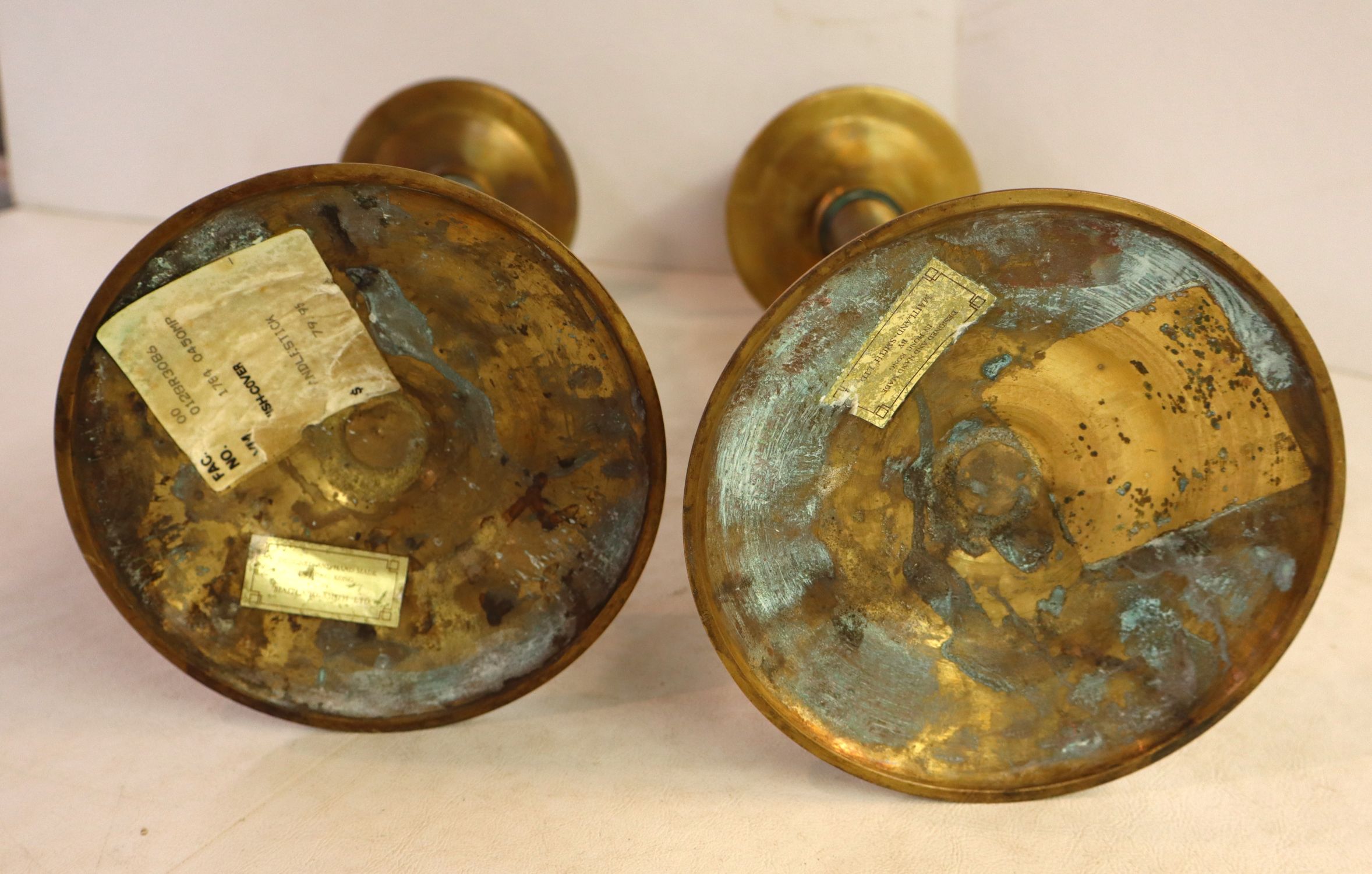 Pair Maitland Smith brass/ steel 16" candle sticks