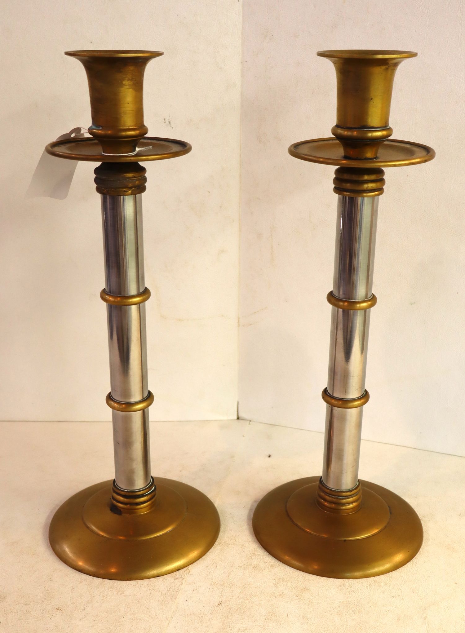 Pair Maitland Smith brass/ steel 16" candle sticks