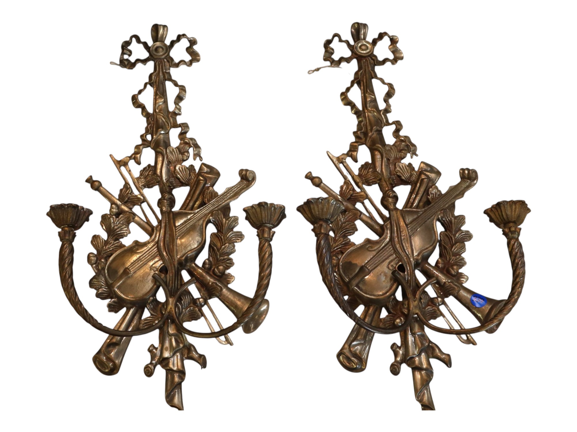 Pr vtg metal 2 burner candle sconces w/violins