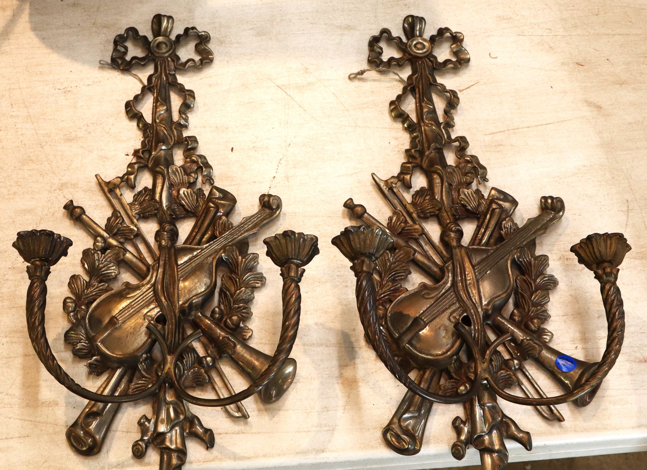 Pr vtg metal 2 burner candle sconces w/violins