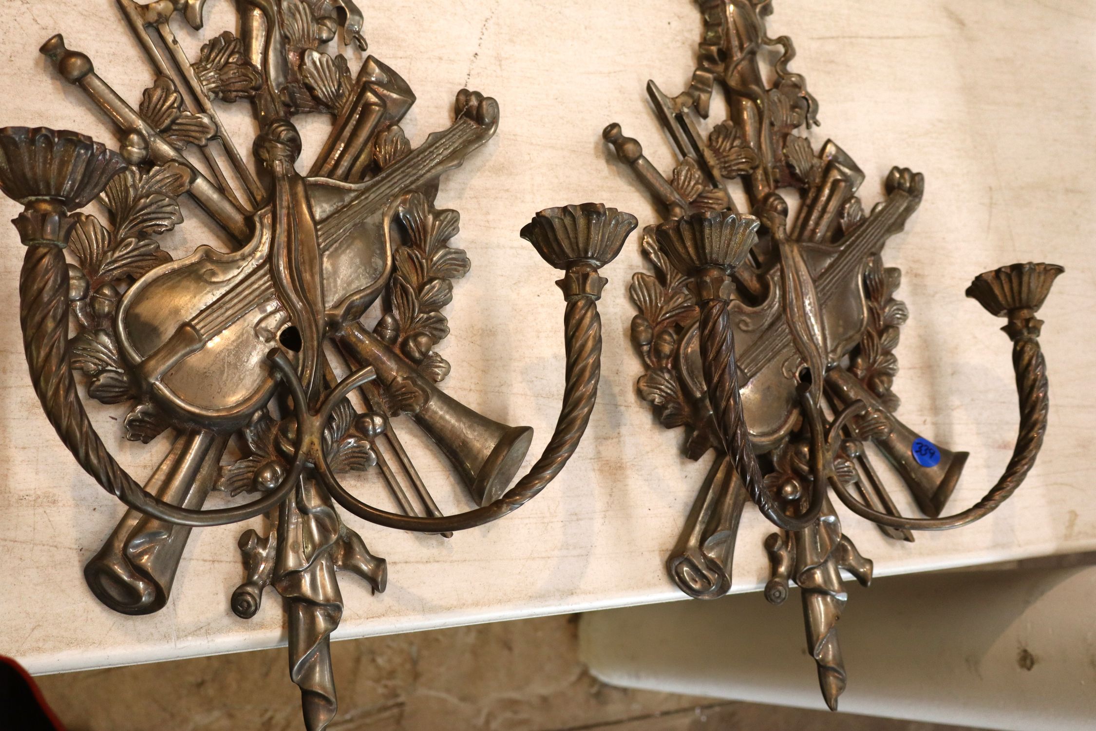 Pr vtg metal 2 burner candle sconces w/violins