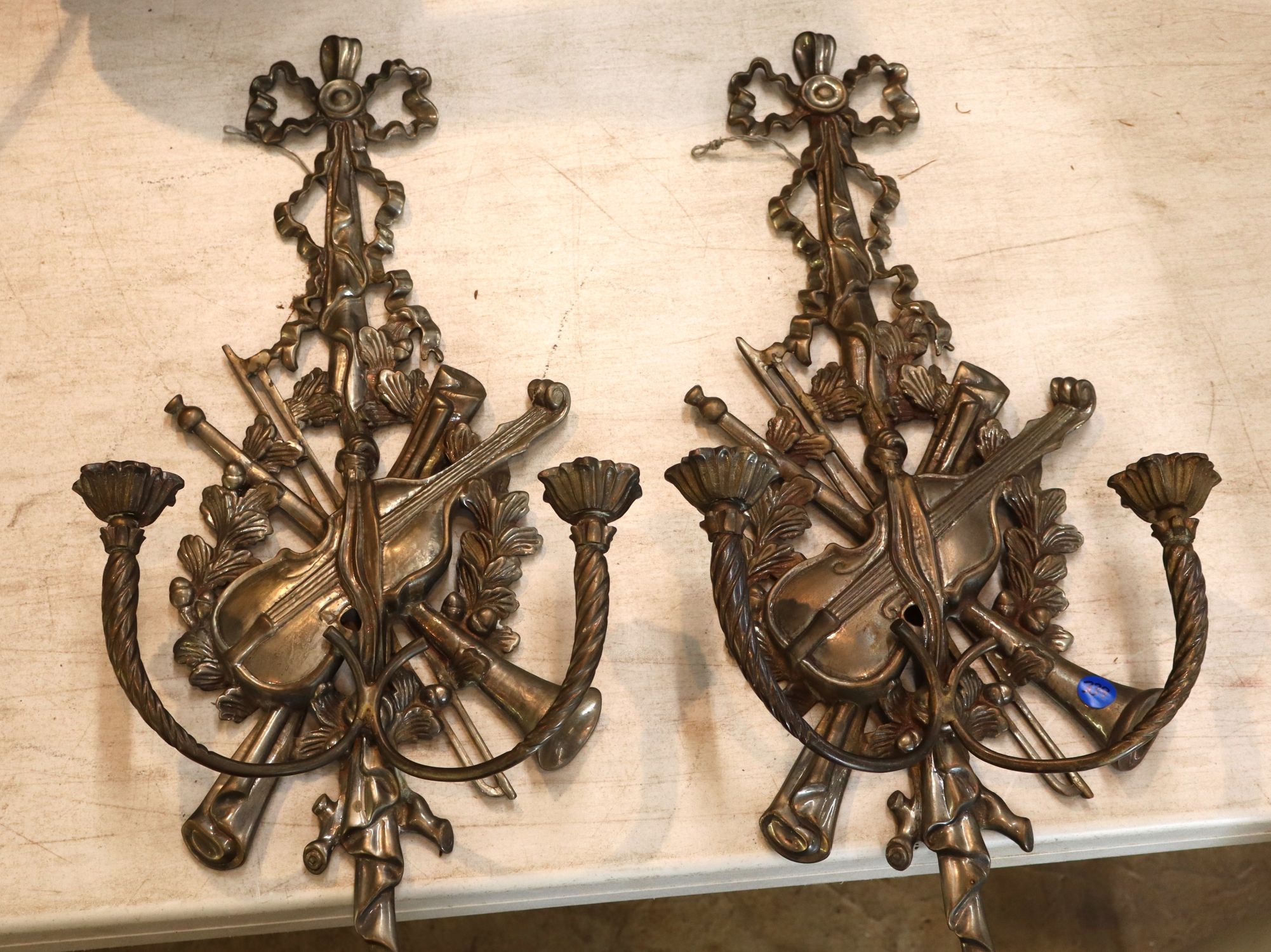 Pr vtg metal 2 burner candle sconces w/violins