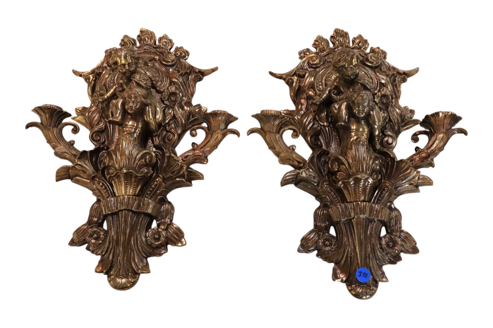 Pr vtg IT bronze style finish cherub candle sconces