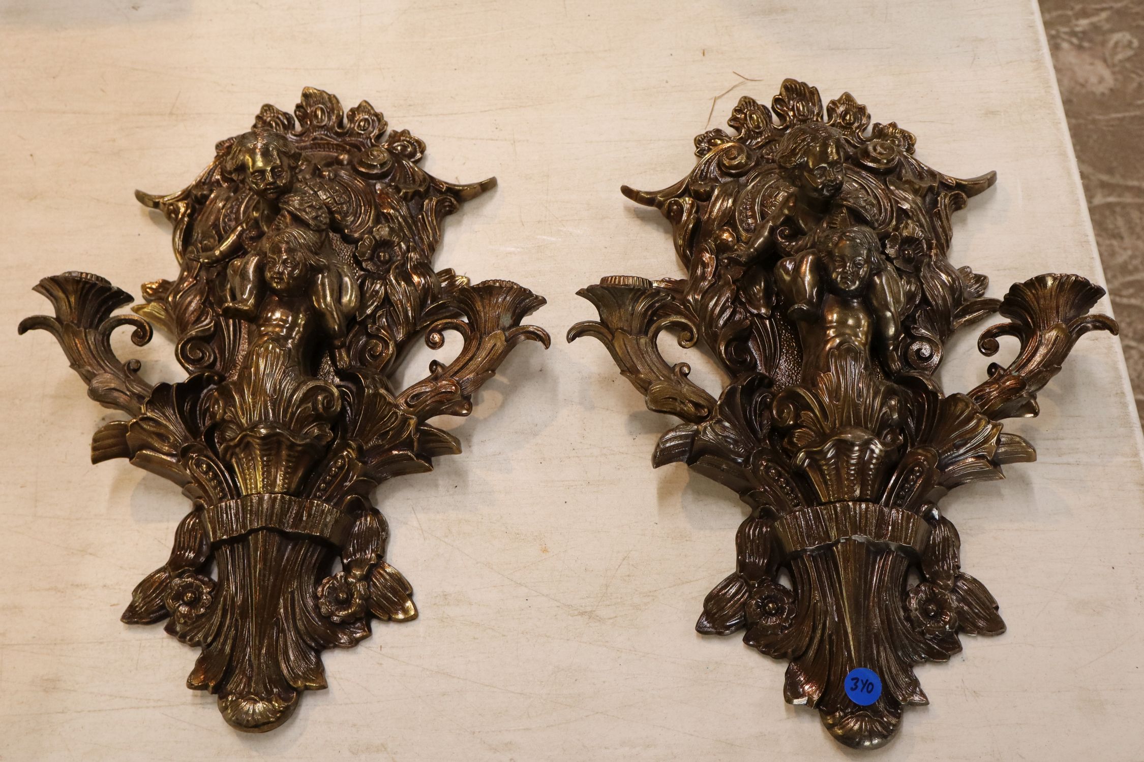 Pr vtg IT bronze style finish cherub candle sconces