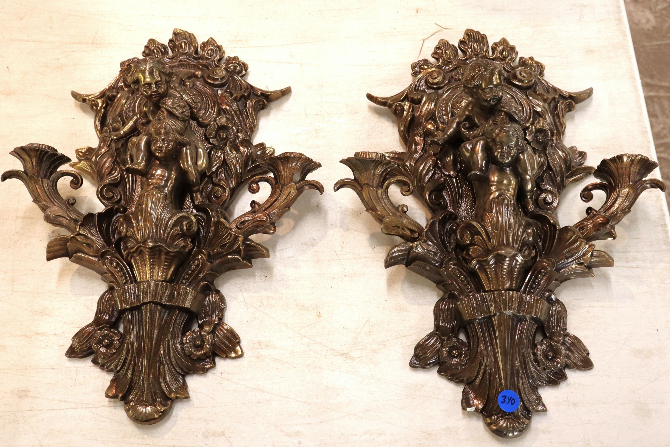 Pr vtg IT bronze style finish cherub candle sconces