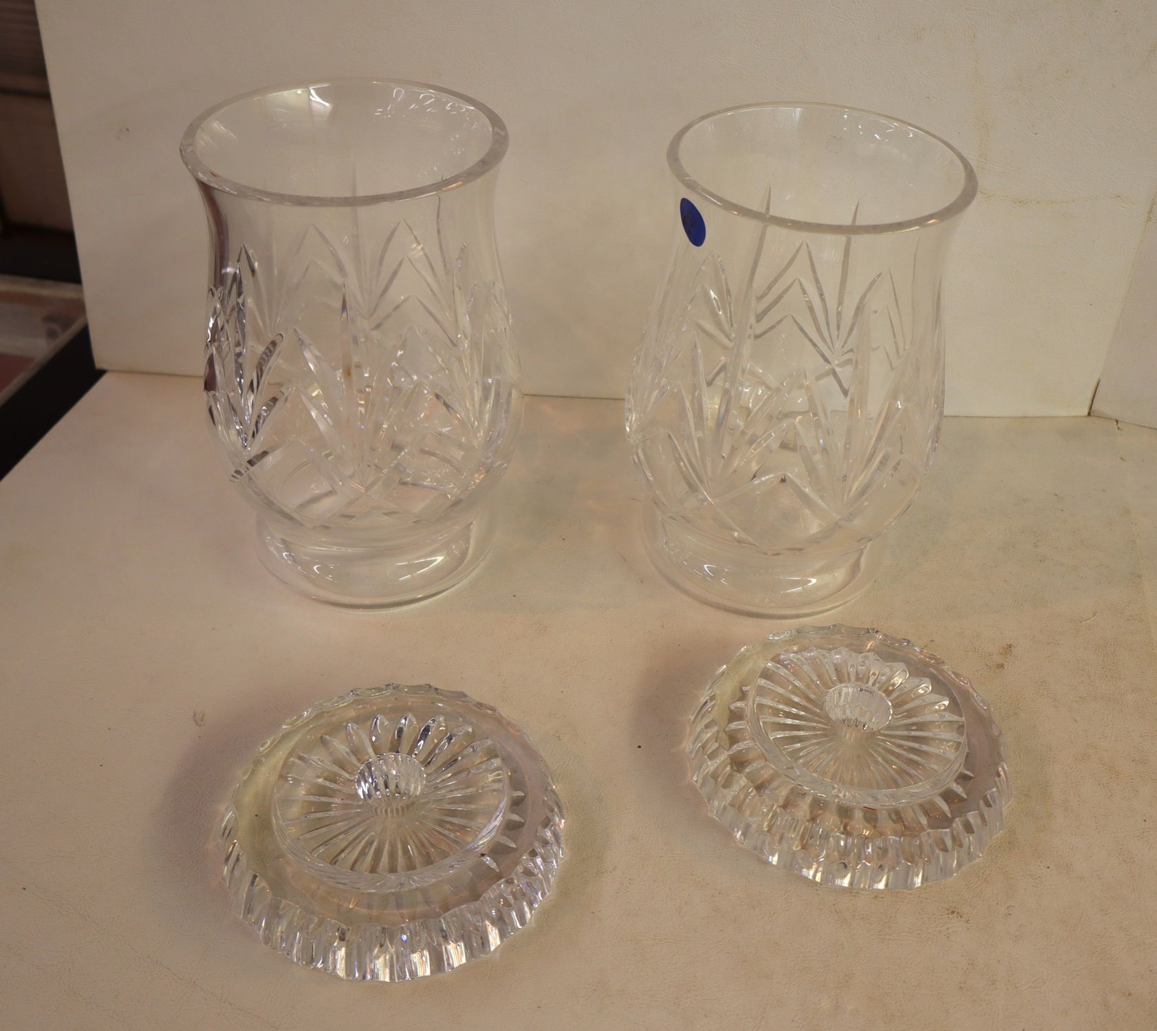 Pair Waterford lead crystal hurricane candle stands