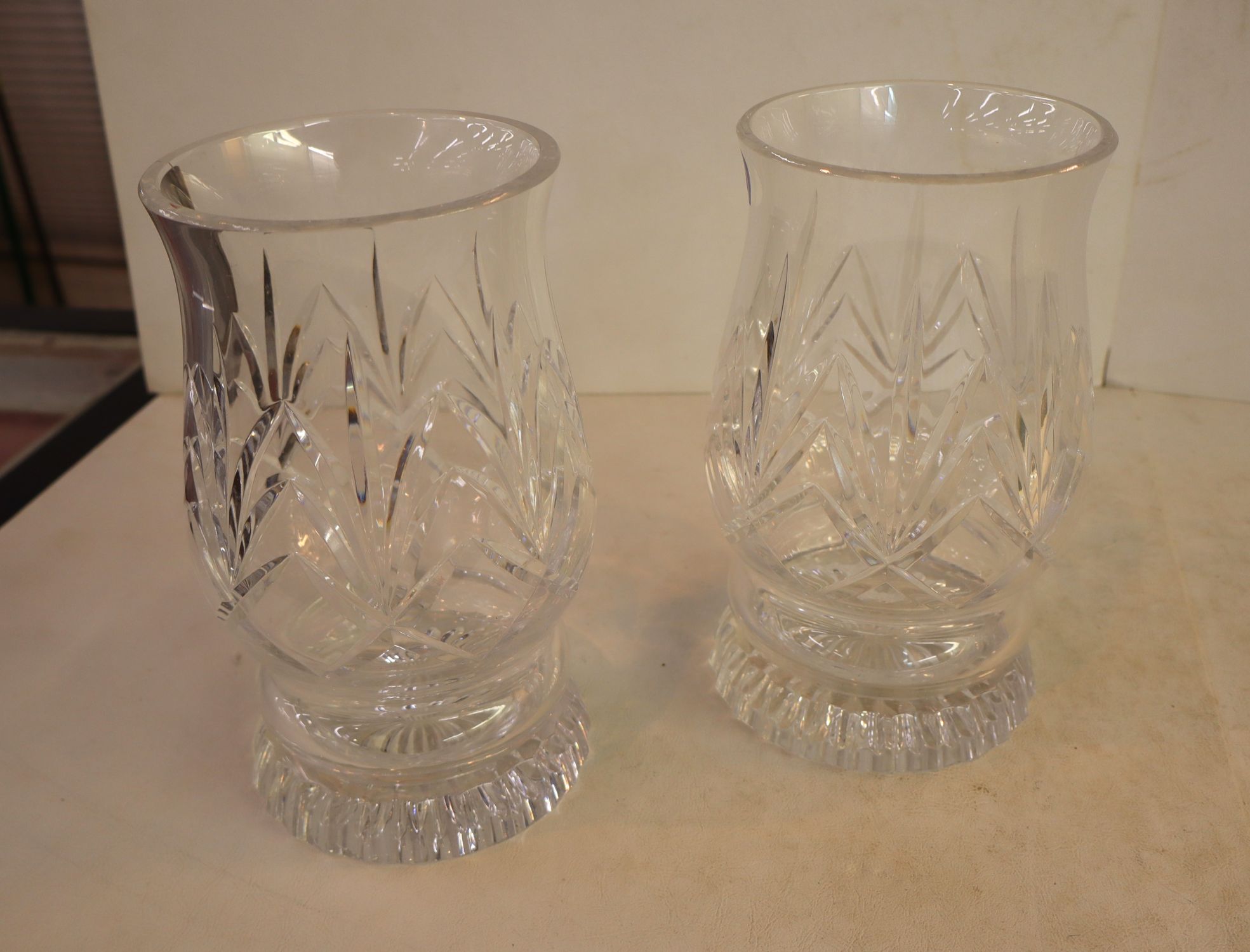Pair Waterford lead crystal hurricane candle stands