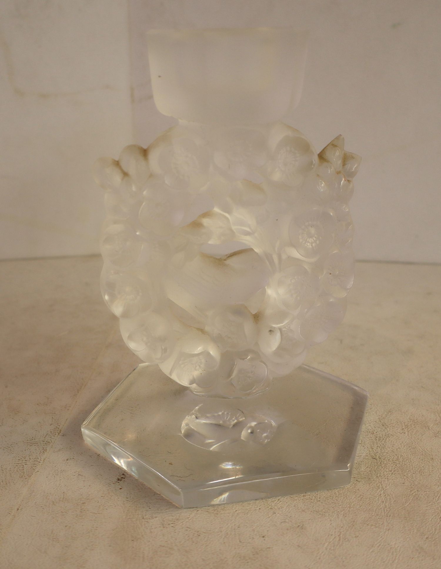 Lalique lead glass satin candle stick with birds