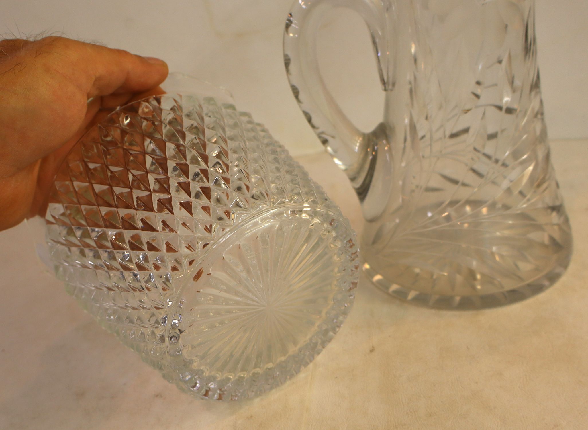2 vtg cut glass pitcher & early press bowl