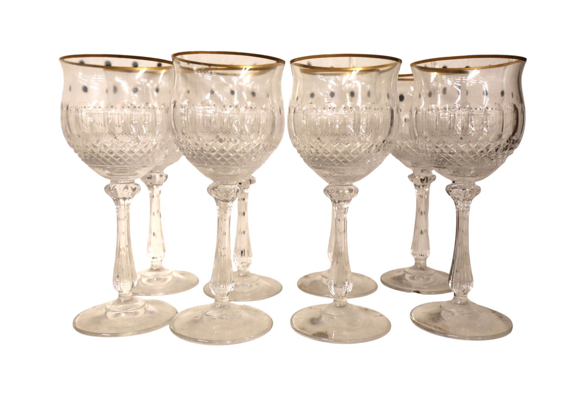 Set 8 Mikasa gold trim lead crystal wine glasses