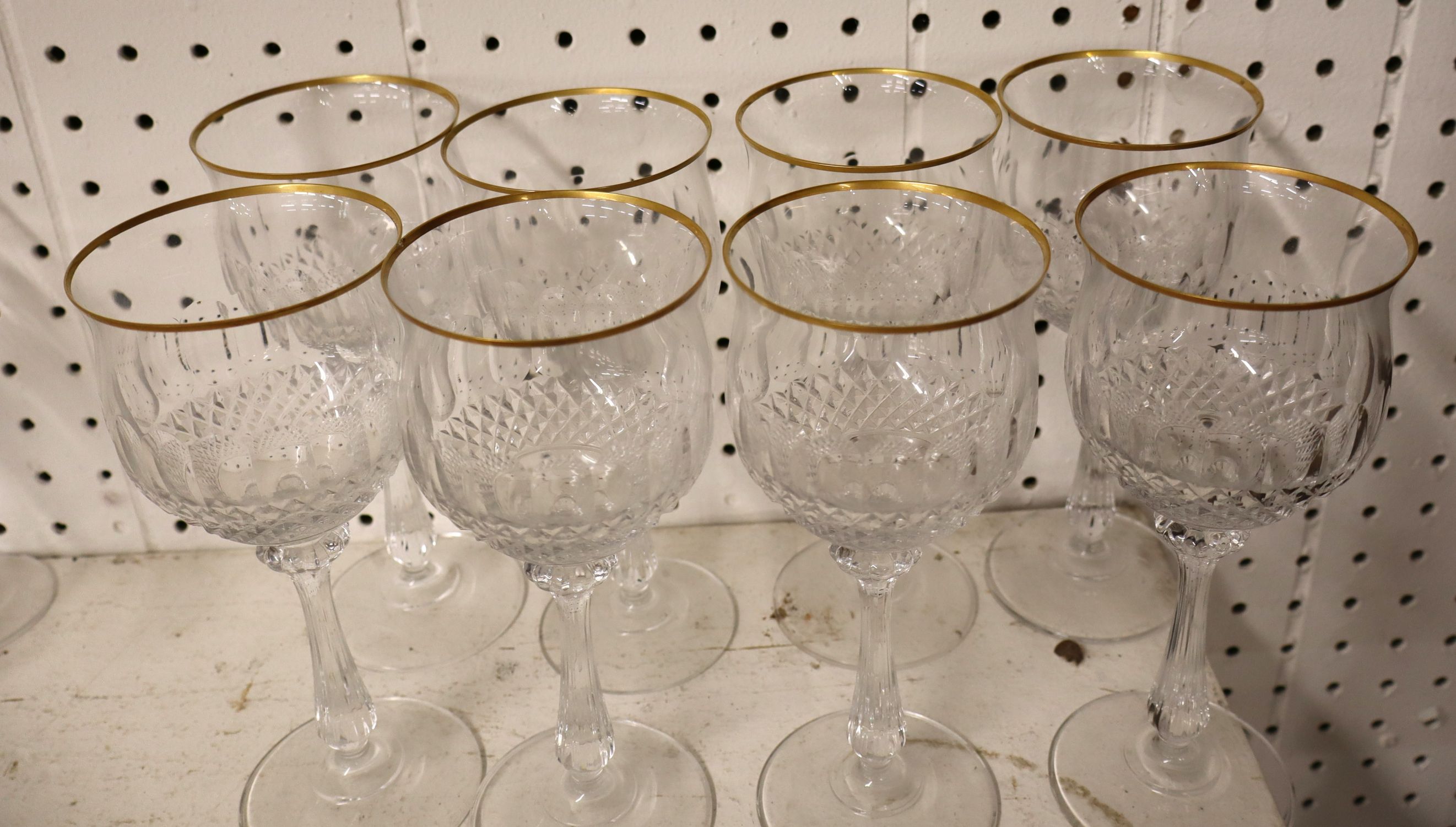 Set 8 Mikasa gold trim lead crystal wine glasses