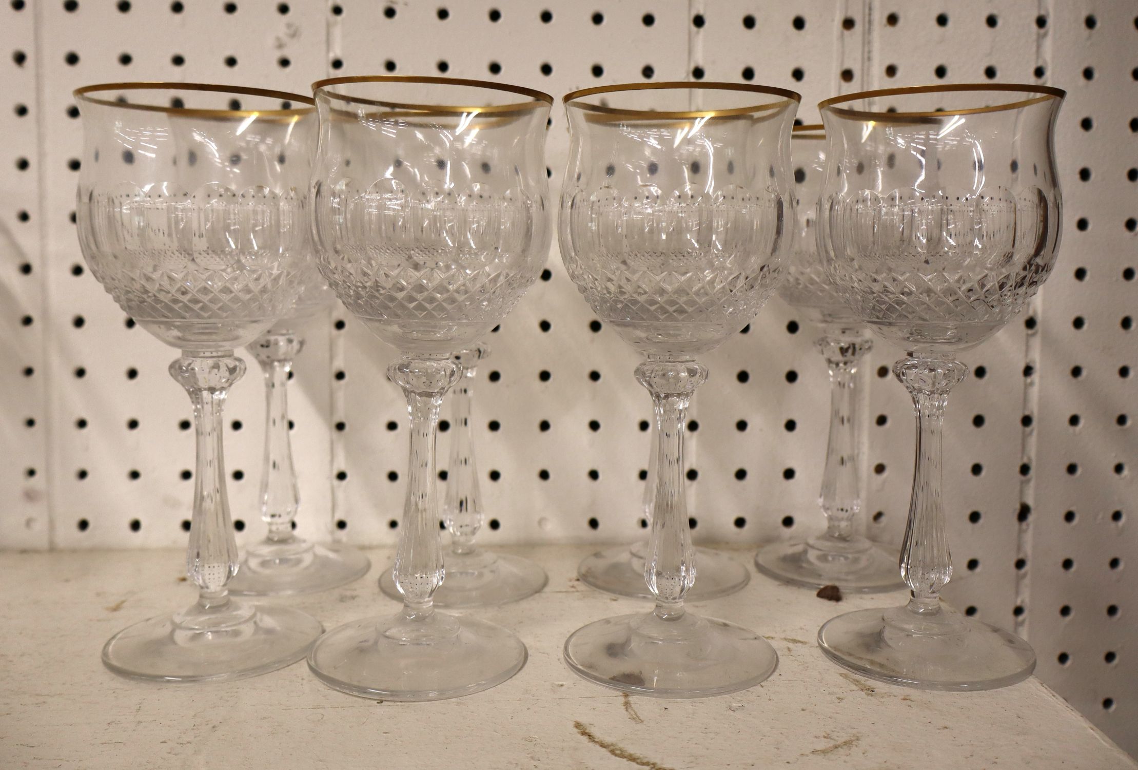 Set 8 Mikasa gold trim lead crystal wine glasses