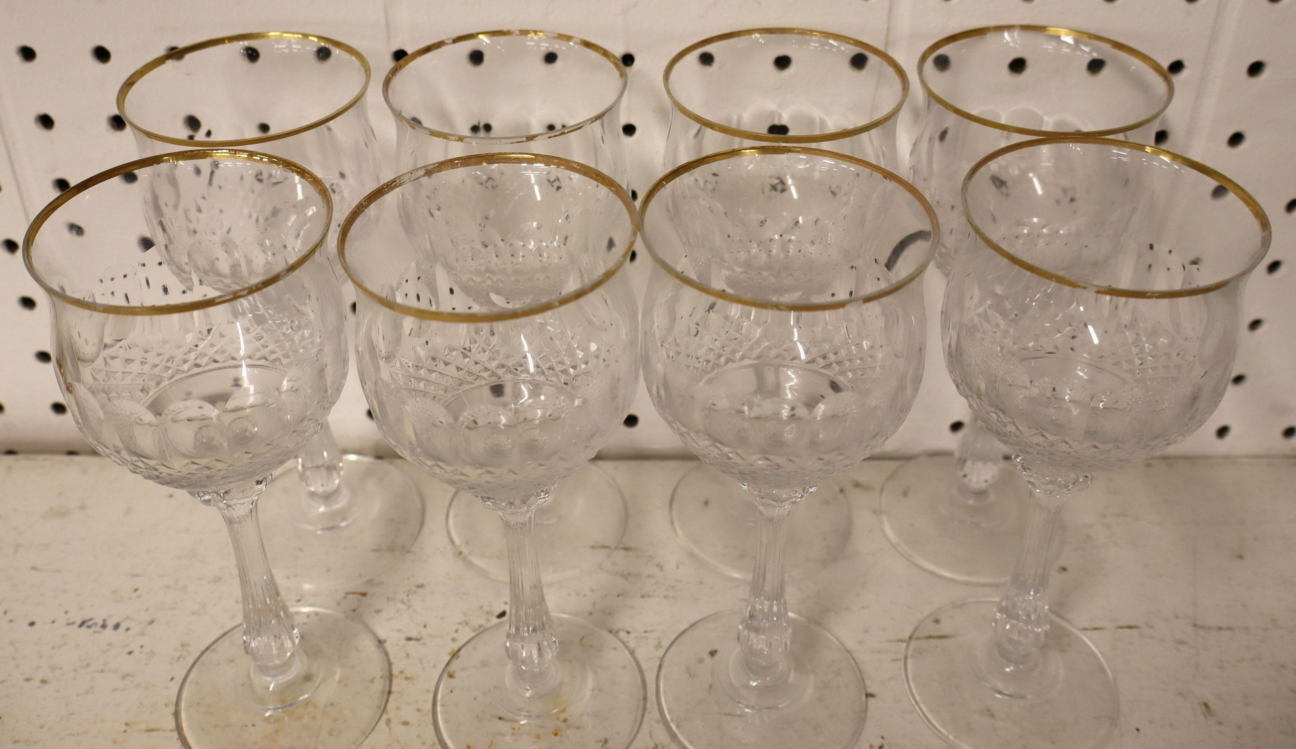 Set 8 Mikasa gold trim lead crystal stemware