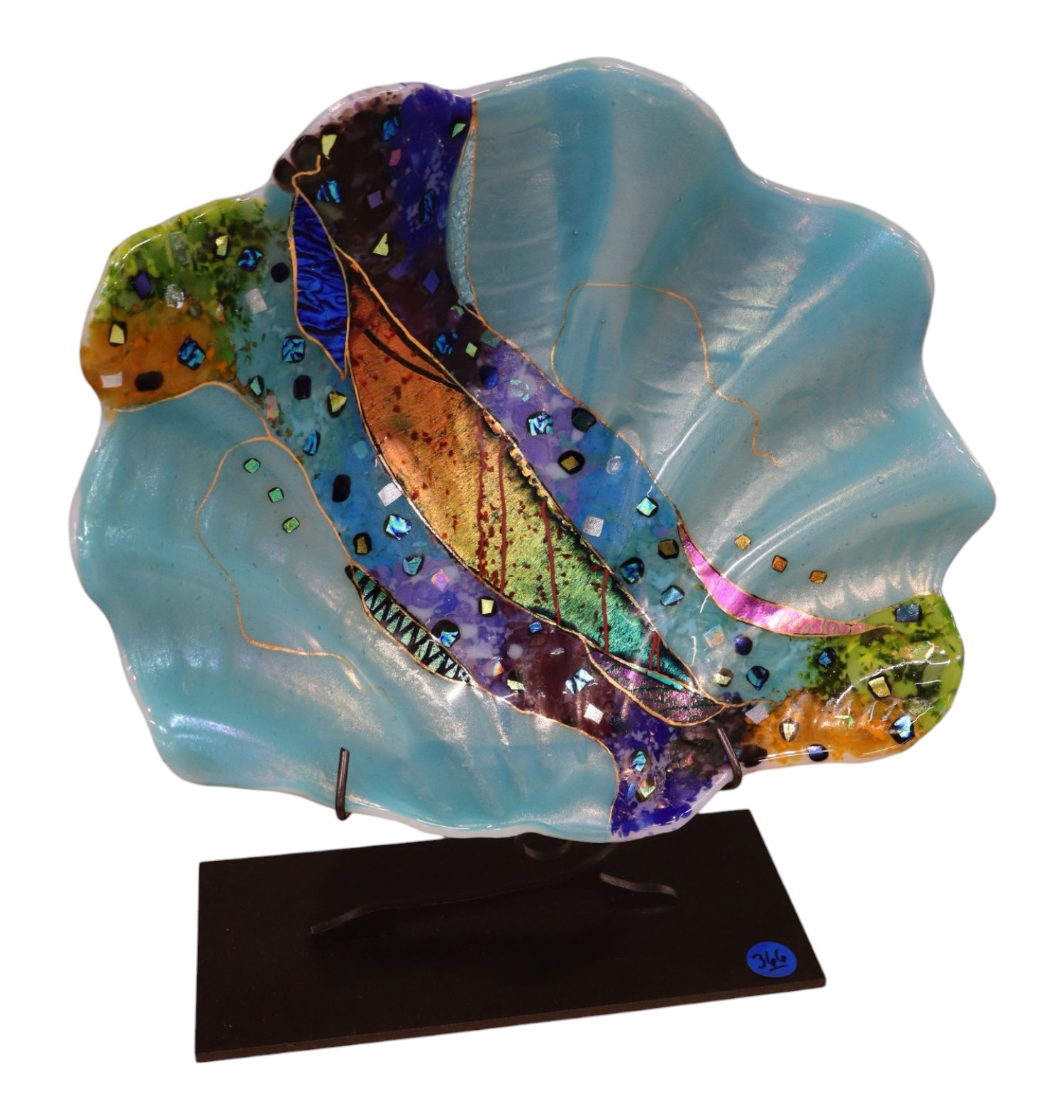 Vtg artist signed art glass shell on stand