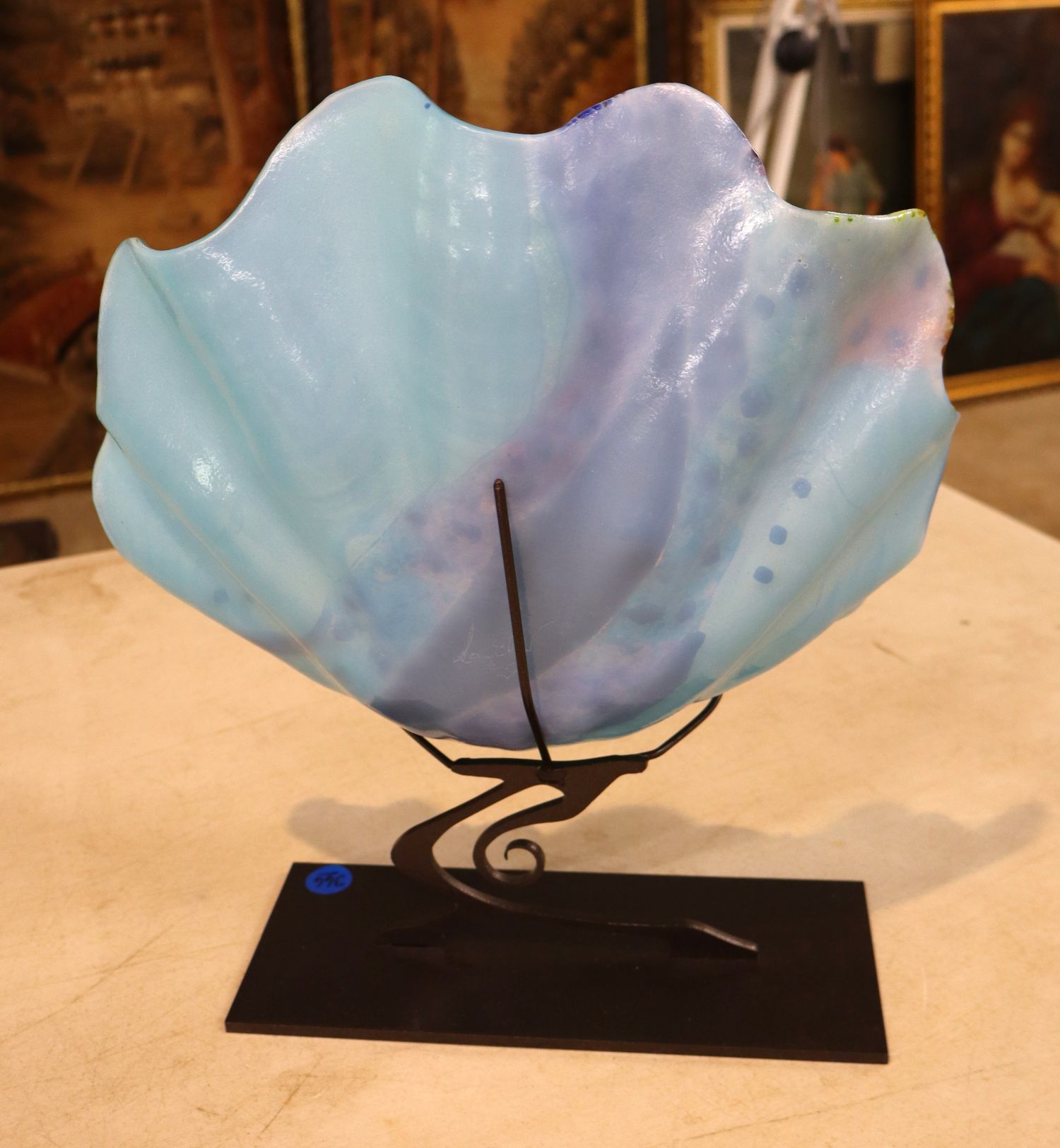 Vtg artist signed art glass shell on stand