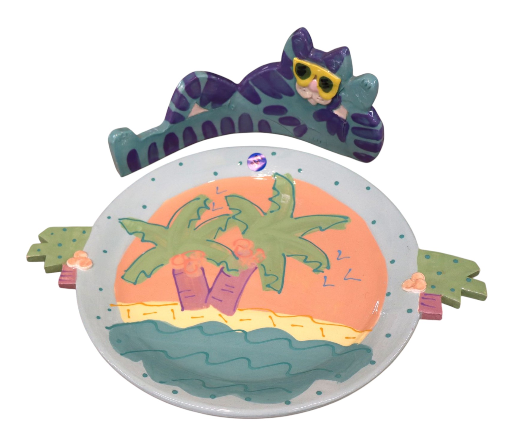 Vintage Staub Signed Cat Palm Tree Ceramic Plate