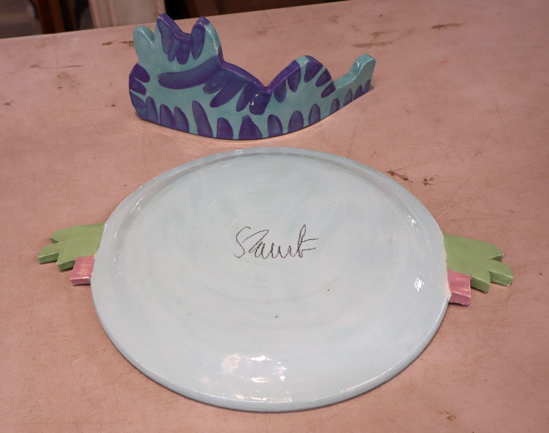Vintage Staub Signed Cat Palm Tree Ceramic Plate