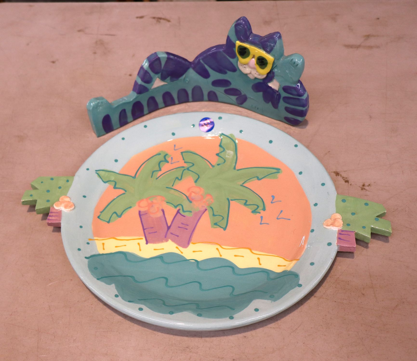 Vintage Staub Signed Cat Palm Tree Ceramic Plate