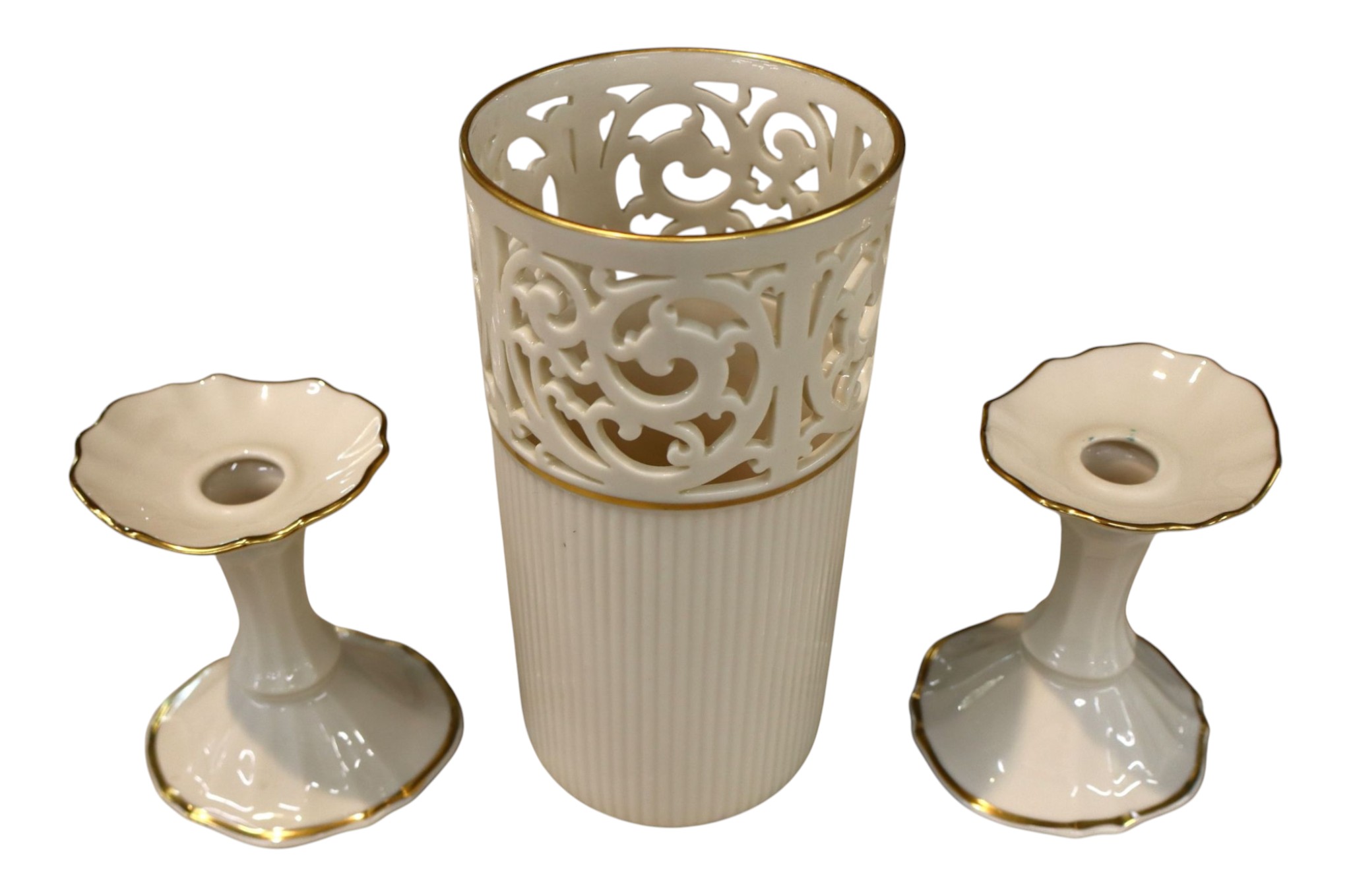 3pcs Lenox, 2 candle sticks and open lace vase
