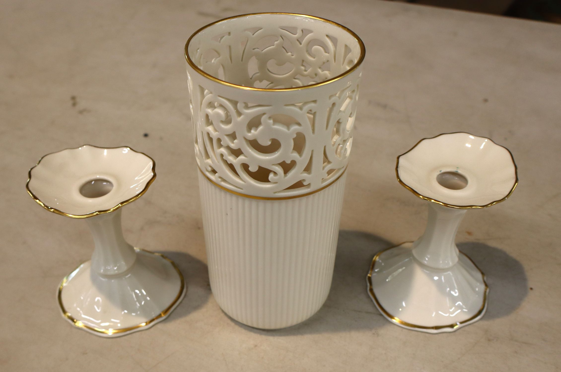 3pcs Lenox, 2 candle sticks and open lace vase