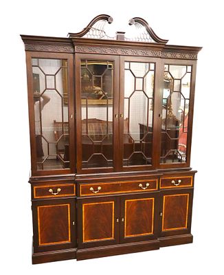 Beautiful Stickley 2 piece 4 door burl mahogany and banded china cabinet with pierce carved 
