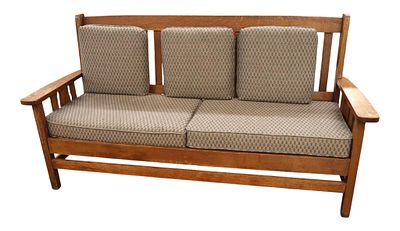 Antique mission oak slatted sofa w/newer uphol. Antique mission oak slatted sofa, upholstered 