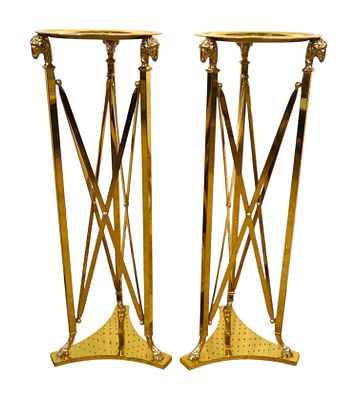 Vtg pr brass rams head pedestals manner Jansen Furn. Vintage pair of brass rams head pedestals 