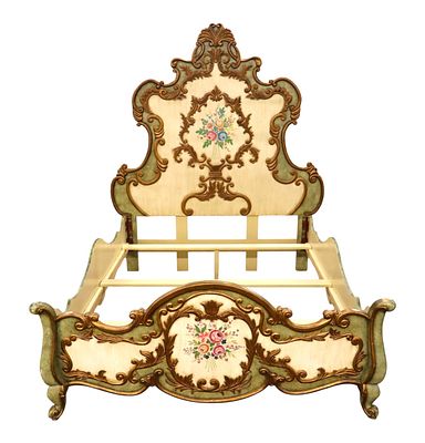 Italian Paint-Decorated Queen High-Back Bed. Elaborate Italian paint decorated queen size high 