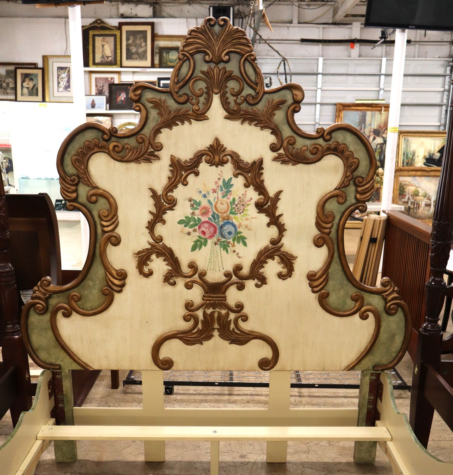 Italian Paint-Decorated Queen High-Back Bed