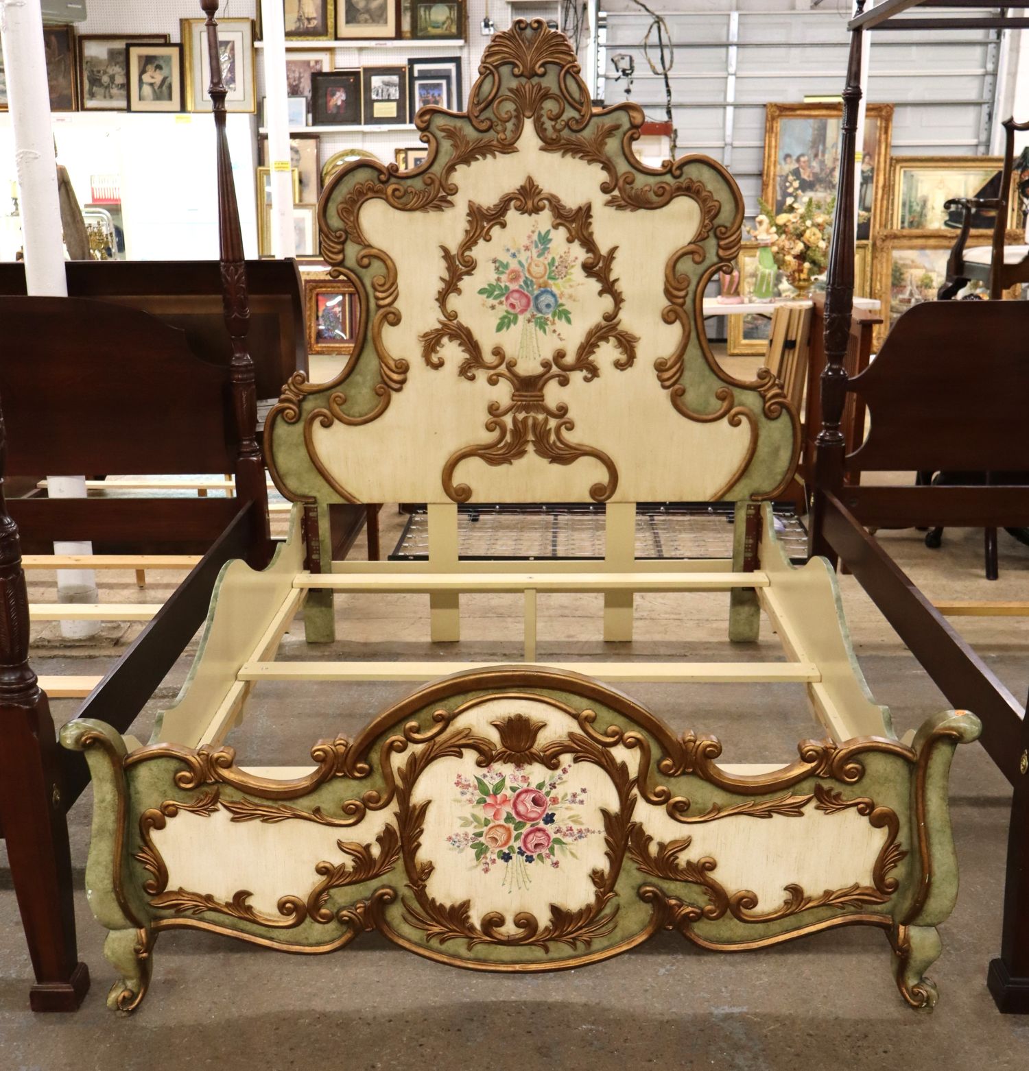 Italian Paint-Decorated Queen High-Back Bed