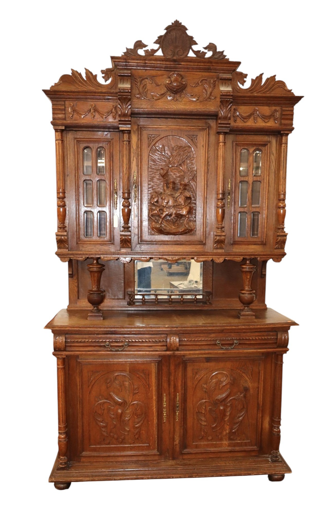 Antique Carved 3-Part Oak Step-Back Cupboard