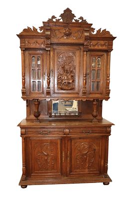 Antique Carved 3-Part Oak Step-Back Cupboard. Antique highly carved and ornate 3 part 