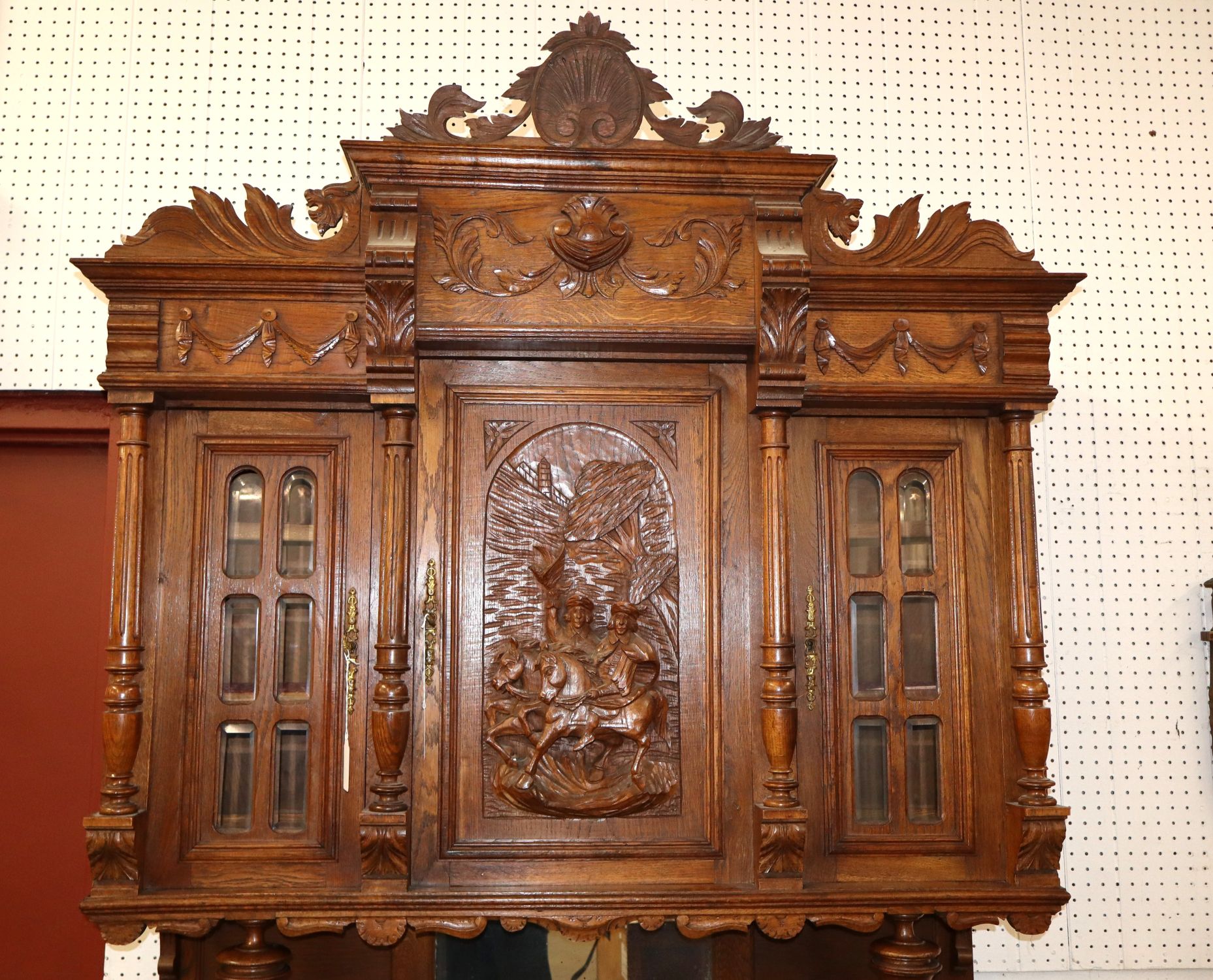 Antique Carved 3-Part Oak Step-Back Cupboard
