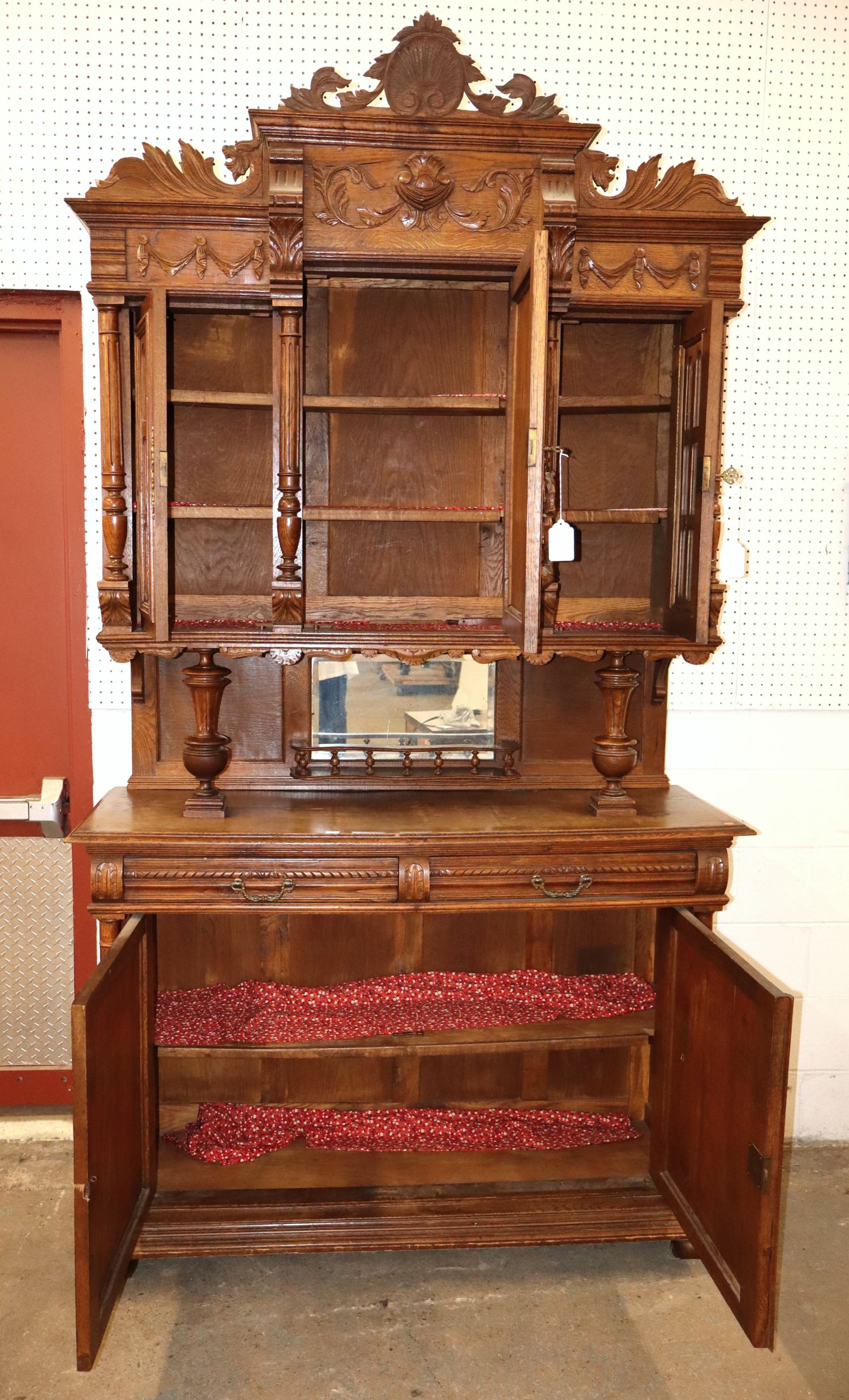 Antique Carved 3-Part Oak Step-Back Cupboard