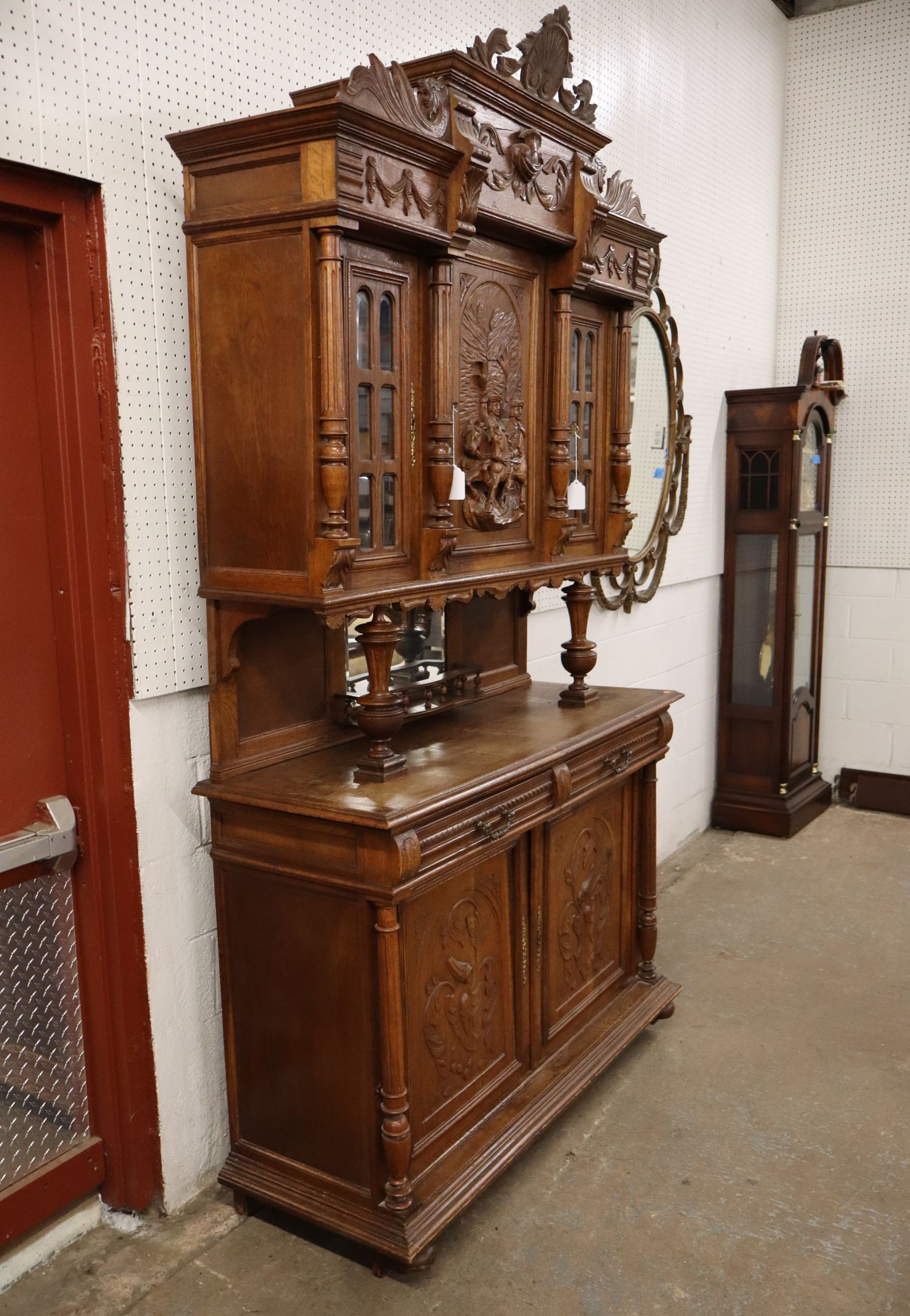 Antique Carved 3-Part Oak Step-Back Cupboard