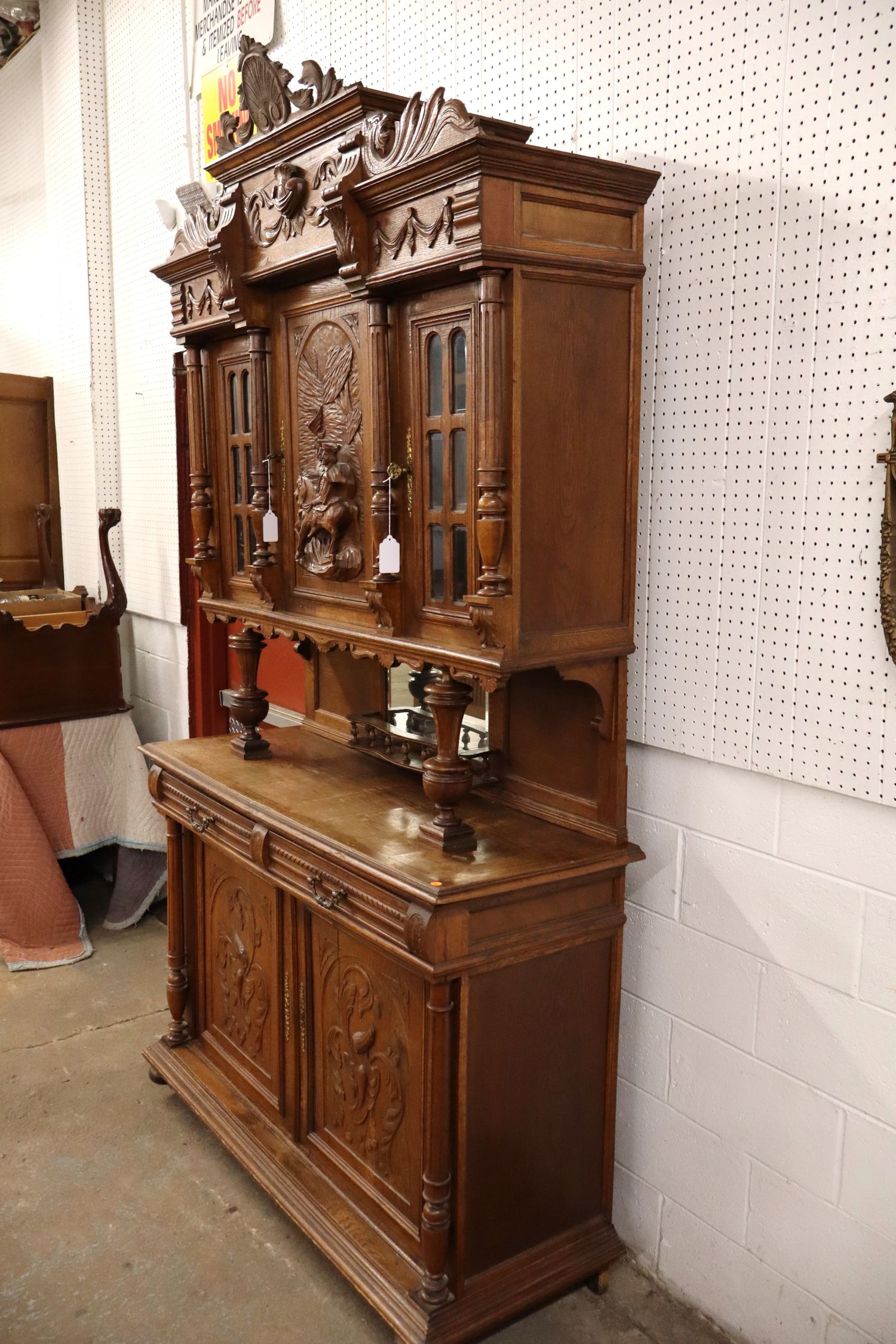 Antique Carved 3-Part Oak Step-Back Cupboard