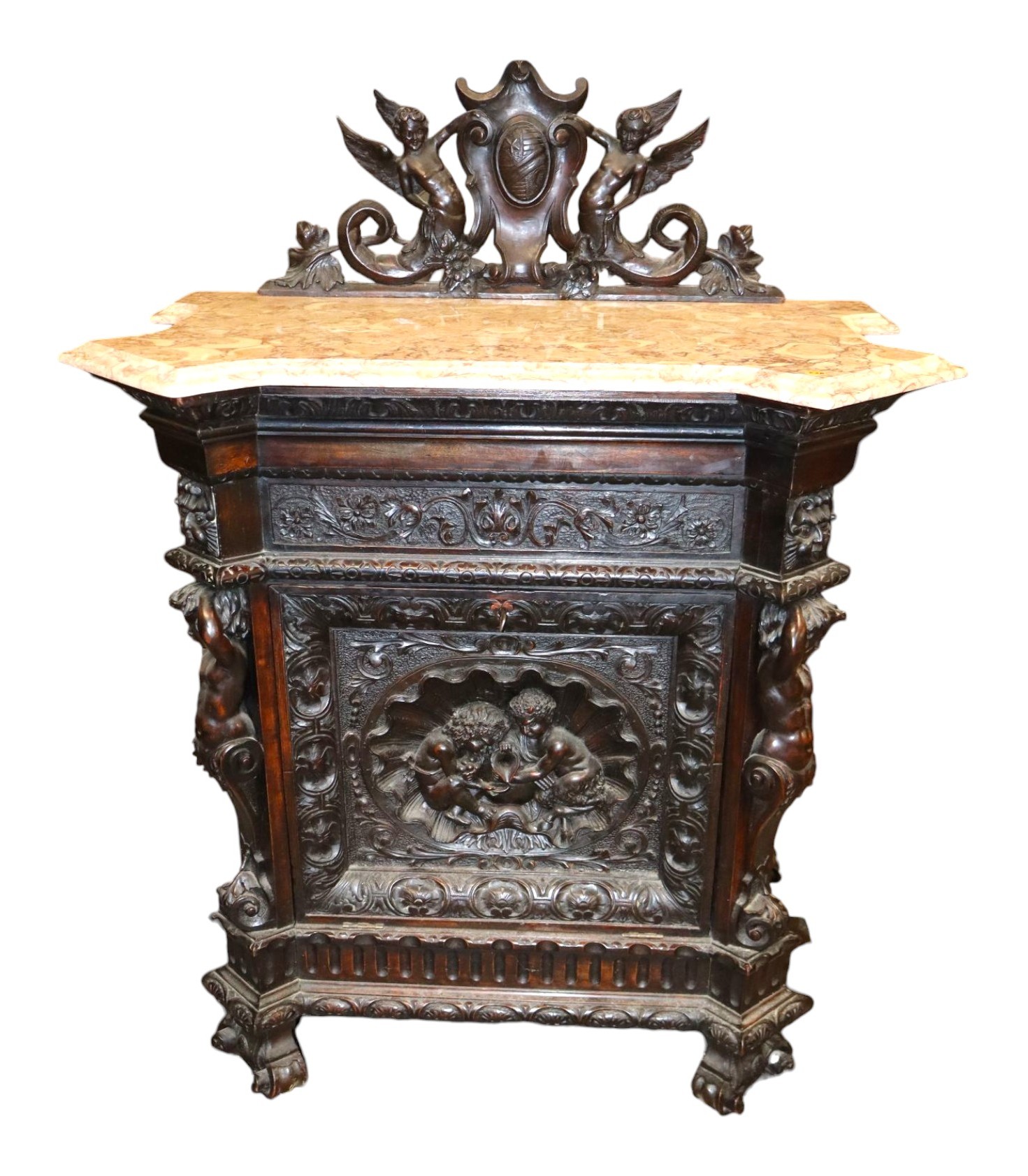 Impressive Carved Cherub Backsplash Marble Cabinet