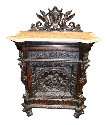 Impressive Antique Carved Cherub Backsplash Marble Cabinet. Impressive antique highly carved and 