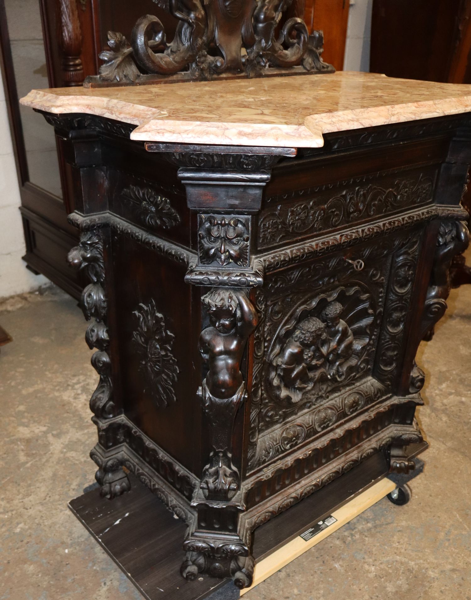 Impressive Carved Cherub Backsplash Marble Cabinet