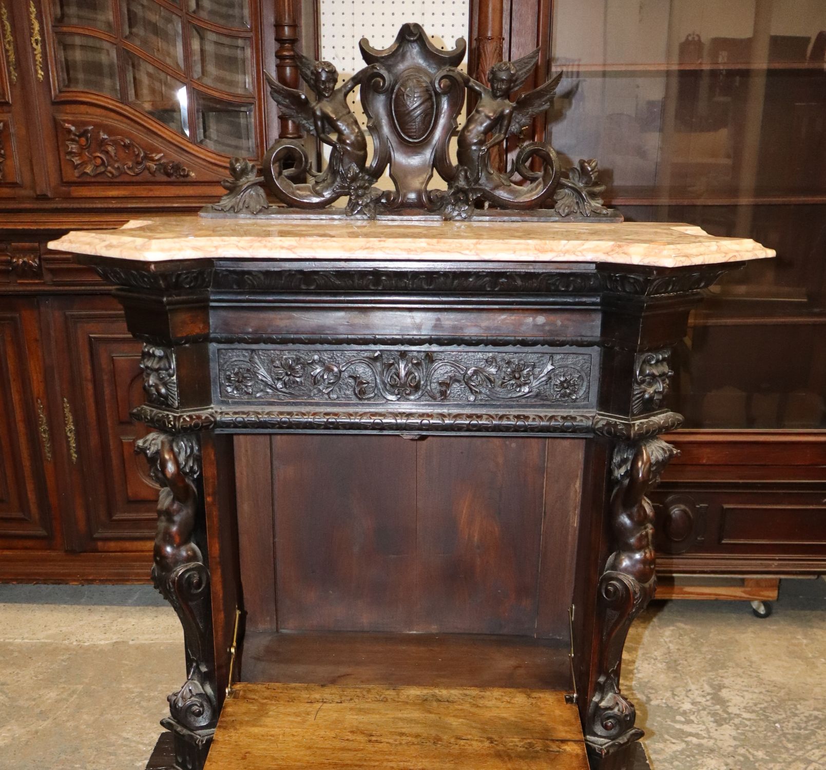 Impressive Carved Cherub Backsplash Marble Cabinet