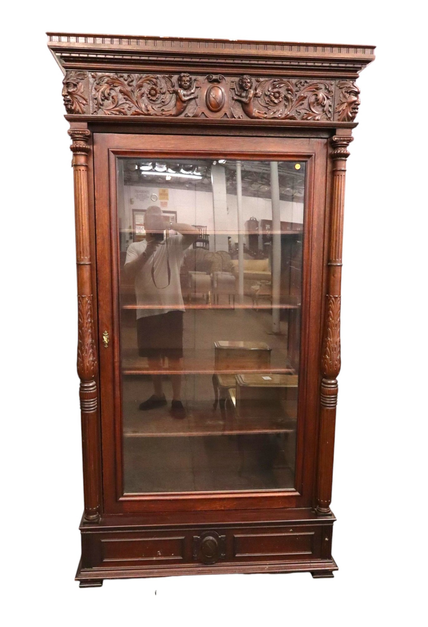 Antique Crvd Cherub Northwind Mahogany Display Case