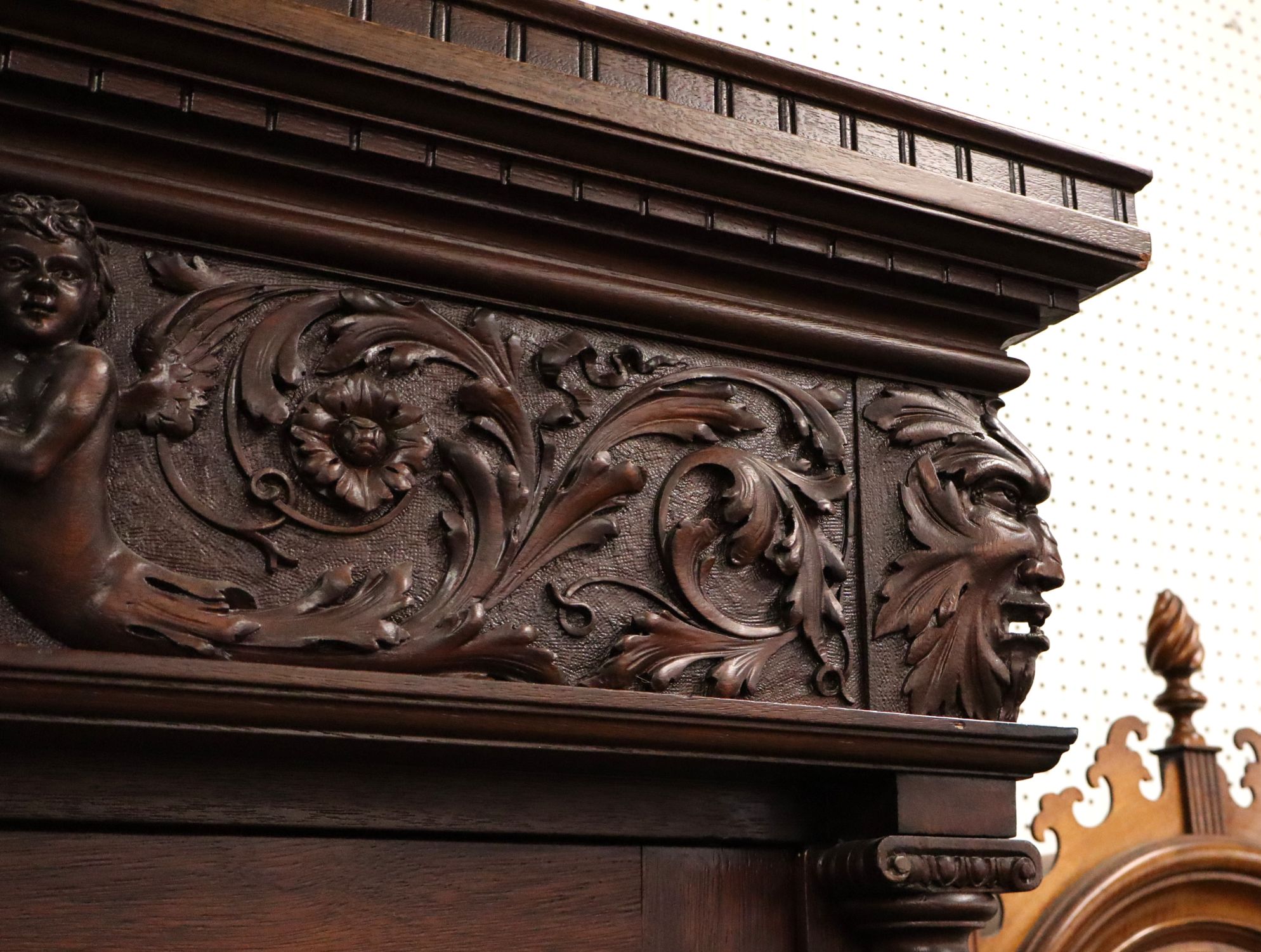 Antique Crvd Cherub Northwind Mahogany Display Case