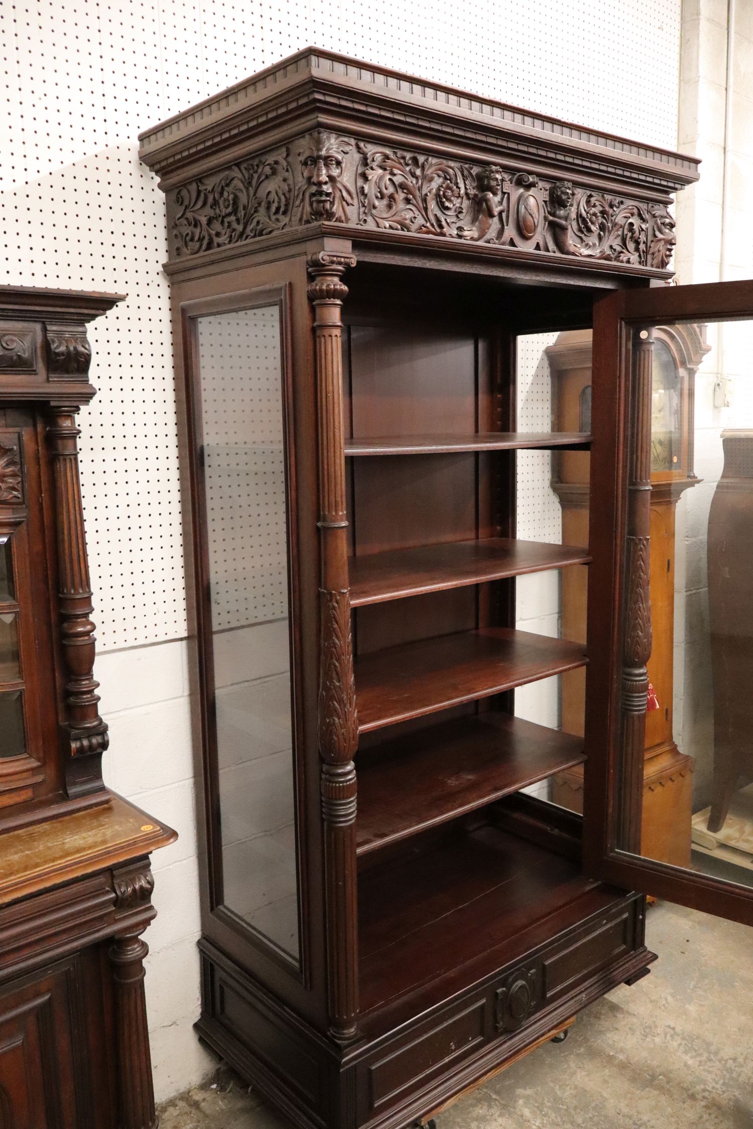 Antique Crvd Cherub Northwind Mahogany Display Case