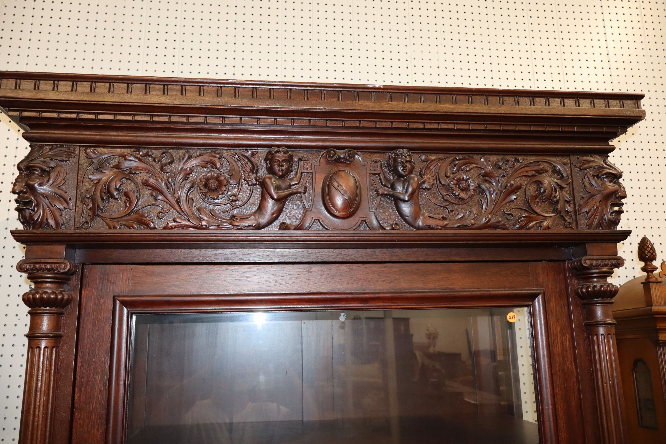 Antique Crvd Cherub Northwind Mahogany Display Case