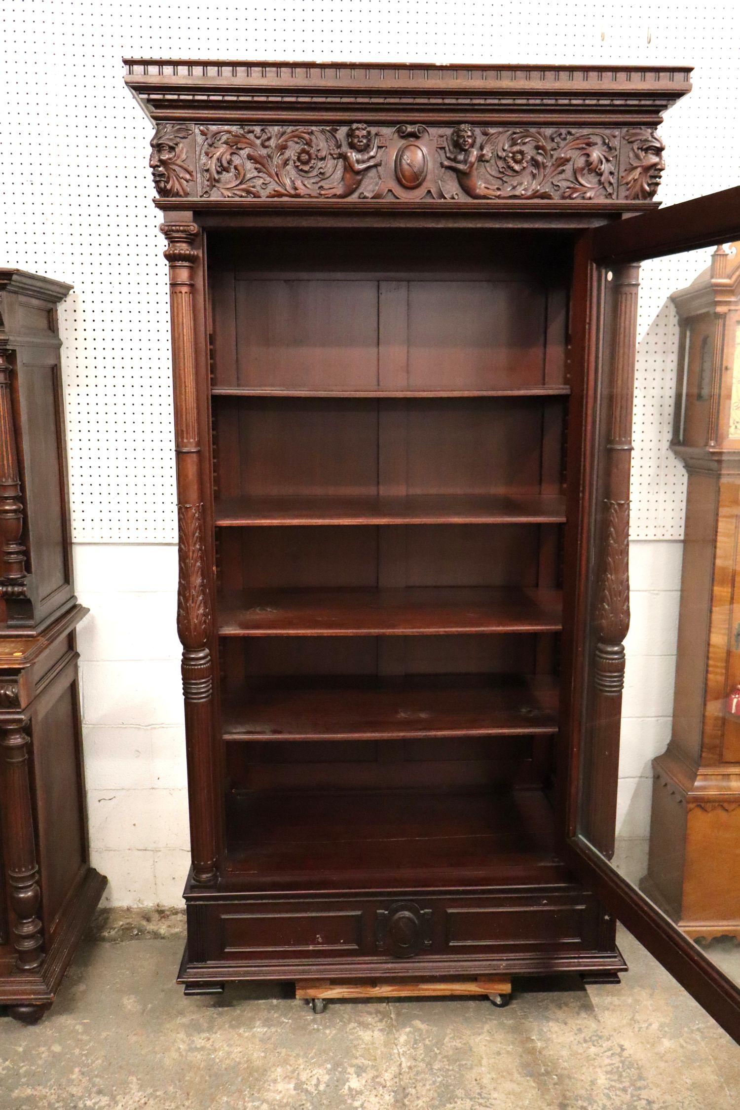 Antique Crvd Cherub Northwind Mahogany Display Case
